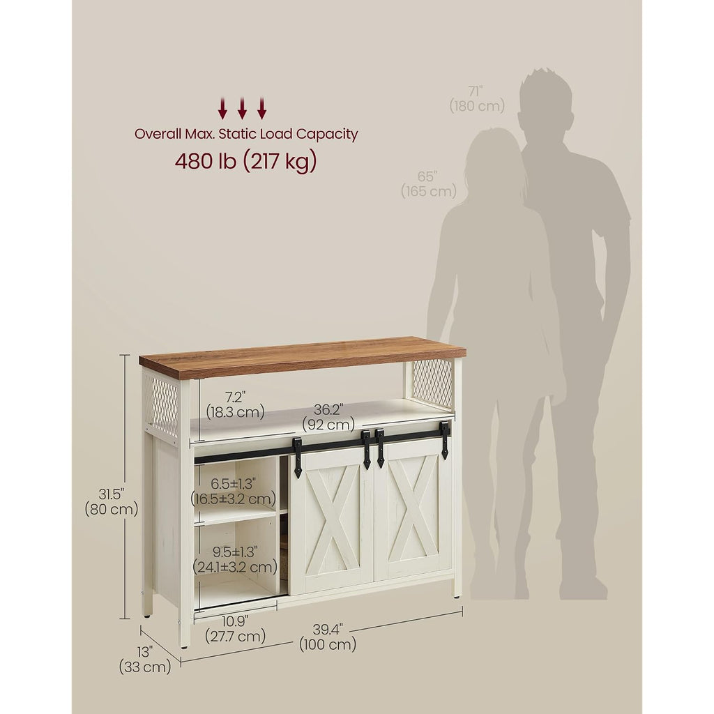 Vasagle Buffet Cabinet, Coffee Bar Storage Cabinet, Sideboard With 2 Sliding Barn Doors, Adjustable Shelves, 13 X 39.4 X 31.5 Inches, For Living Room, Rustic White And Honey Brown Ulsc092W01