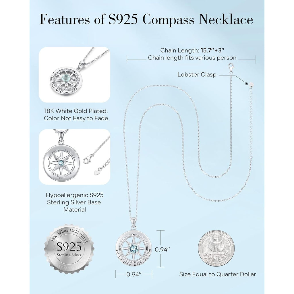 S925 Necklace Gift for Wife |Compass Jewelry |Women Anniversary |Sterling Silver |Girlfriend Birthday Gifts for Her Valentines |I'd be Lost without You |Jewel 18K Gold