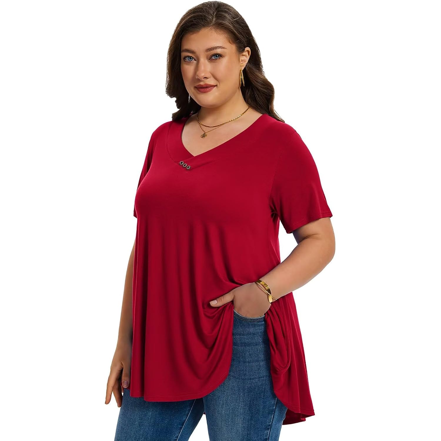 LARACE Plus Size Tops for Womens T Shirts Button Down Summer Clothes Short Sleeve Tunics Casual V Neck Blouses