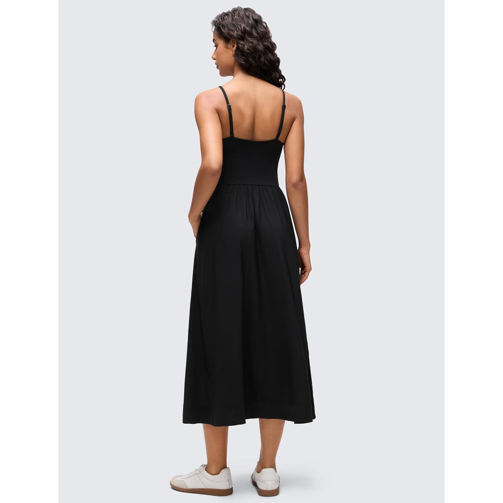 Crz Yoga V Neck Maxi Casual Tank Dress | Removable Pads, Flowy, Side Pockets, Adjustable Straps, Travel, Sleeveless, Outfits For Women