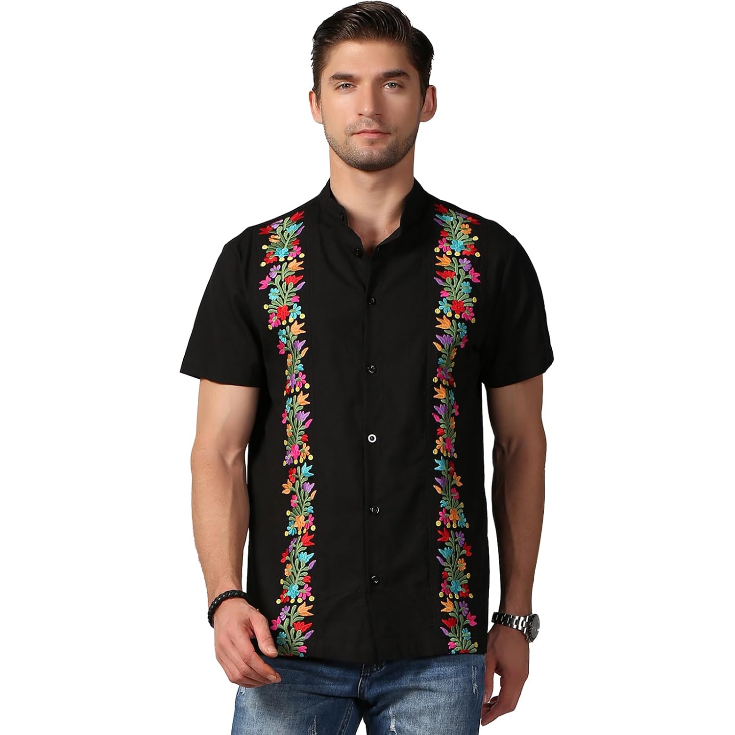 Mexican Shirts For Men Traditional Men'S Guayabera Dress Shirts Mens Button Up Band Collar Dress Shirt Fiesta