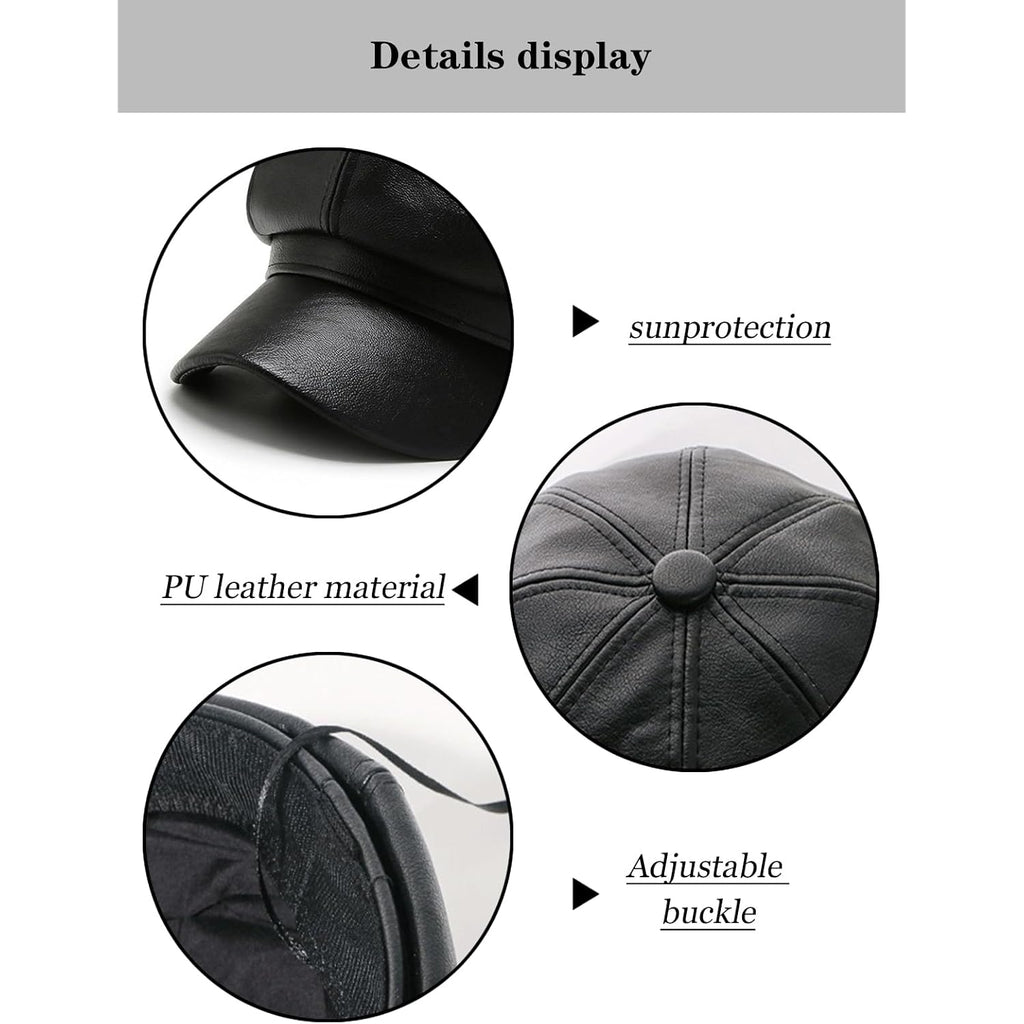 Women Fiddler Cap Newsboy Hat PU Leather Visor Beret Cap Black-b