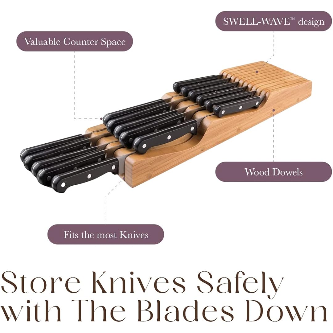 Bellemain 100% Pure Bamboo In Drawer Knife Block | 16 Knife Slots Knife Drawer Organizer | Store Knives Safely With The Blades Down | Storage Solution For Your Kitchen | Knife Organizer Drawer Insert