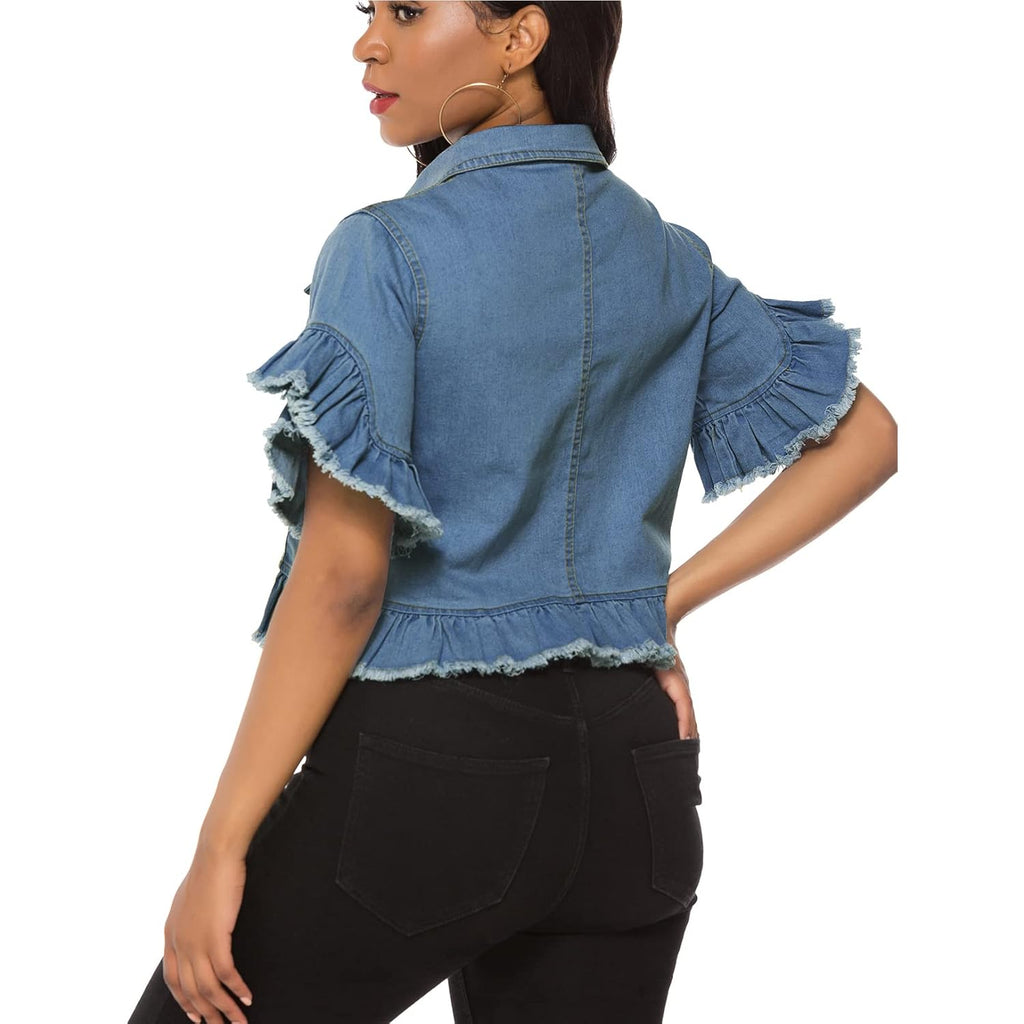 Suvimuga Women's Denim Jacket Button Down Distressed Ruffle Sleeve Crop Jean Jackets Coat