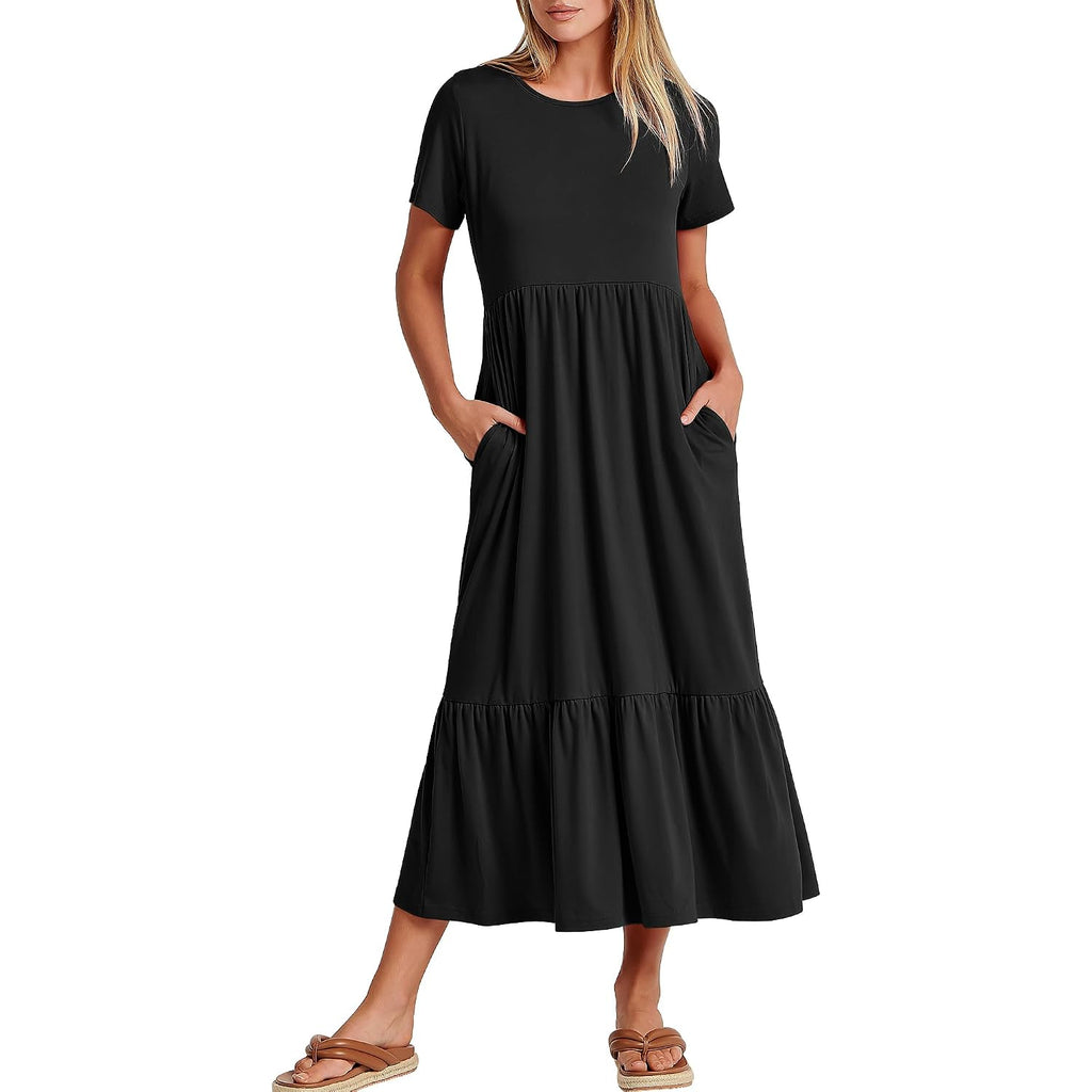 Anrabess Womens 2026 Summer Casual Maxi Dress A Line Tiered Flowy Short Sleeve Crewneck T Shirt Beach Travel Long Dresses