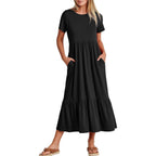 Anrabess Womens 2026 Summer Casual Maxi Dress A Line Tiered Flowy Short Sleeve Crewneck T Shirt Beach Travel Long Dresses