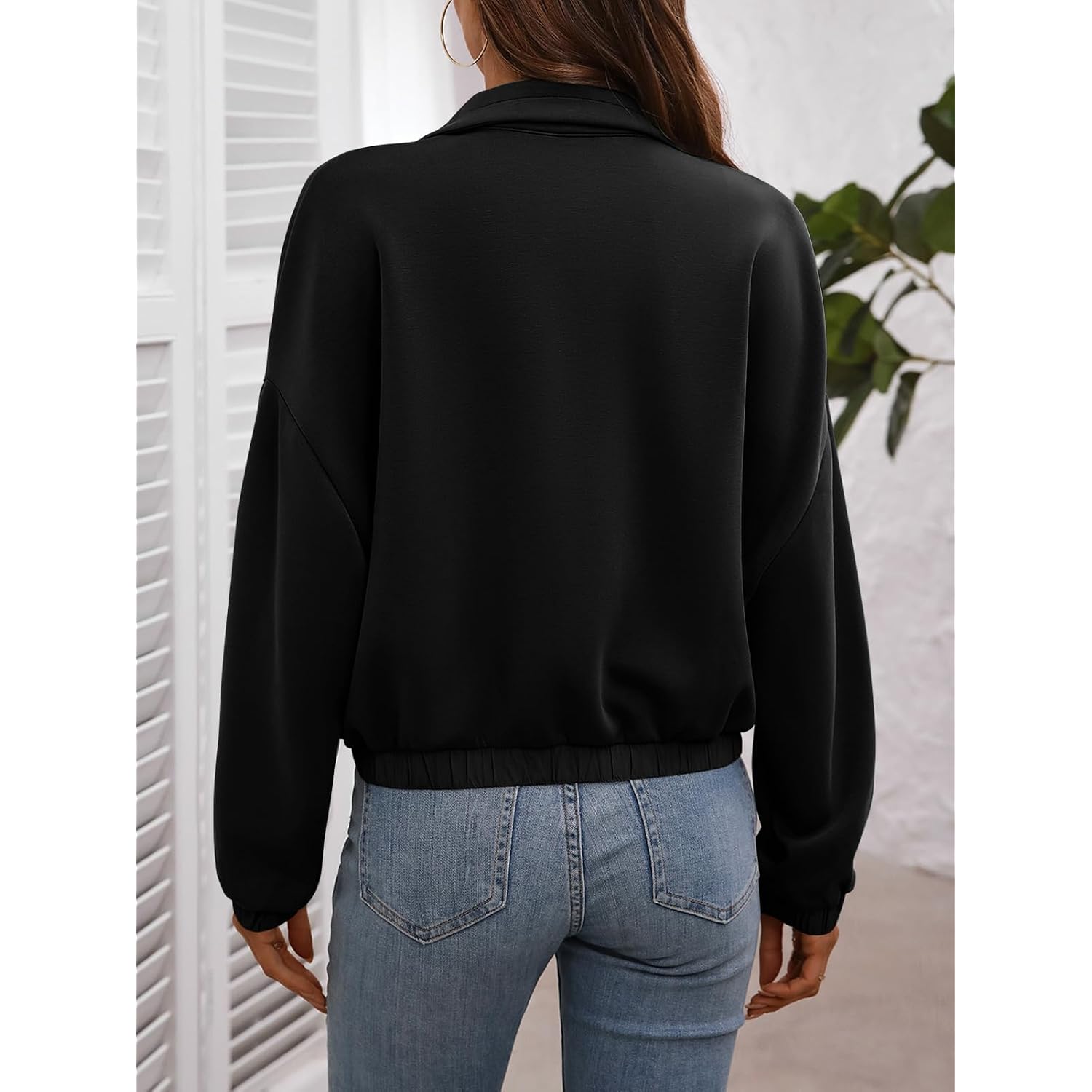 Women'S Cropped Oversized Safari Jackets Zip Up Stand Collar Neck Long Sleeve Utility Anorak Jacket With Pocket