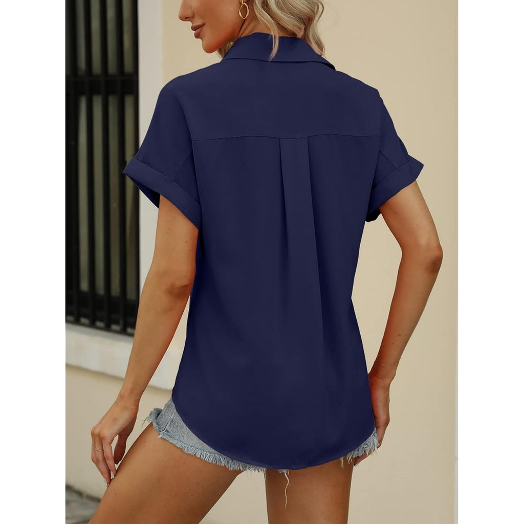 Womens Short Sleeve Shirts V Neck Collared Button Down Shirt Tops with Pockets