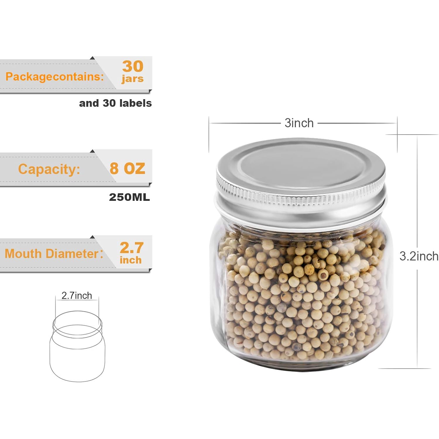 Mason Jars 8 oz 30 Pack- Small Mason Jars With Silver Lids -1/4 Quart Canning Jars| Storage Glass Jars With Lids For Jelly, Jam, Honey, Pickles - Spice Glass Jars - With 30 Chalkboard Labels