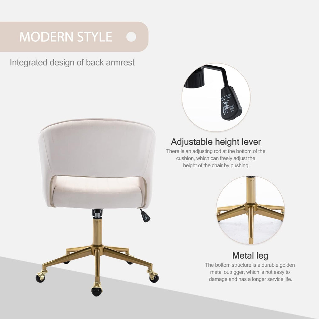 Velvet Office Desk Chair, Upholstered Home Office Desk Chairs With Adjustable Swivel Wheels, Ergonomic Office Chair For Living Room, Bedroom, Office, Vanity Study (Beige)