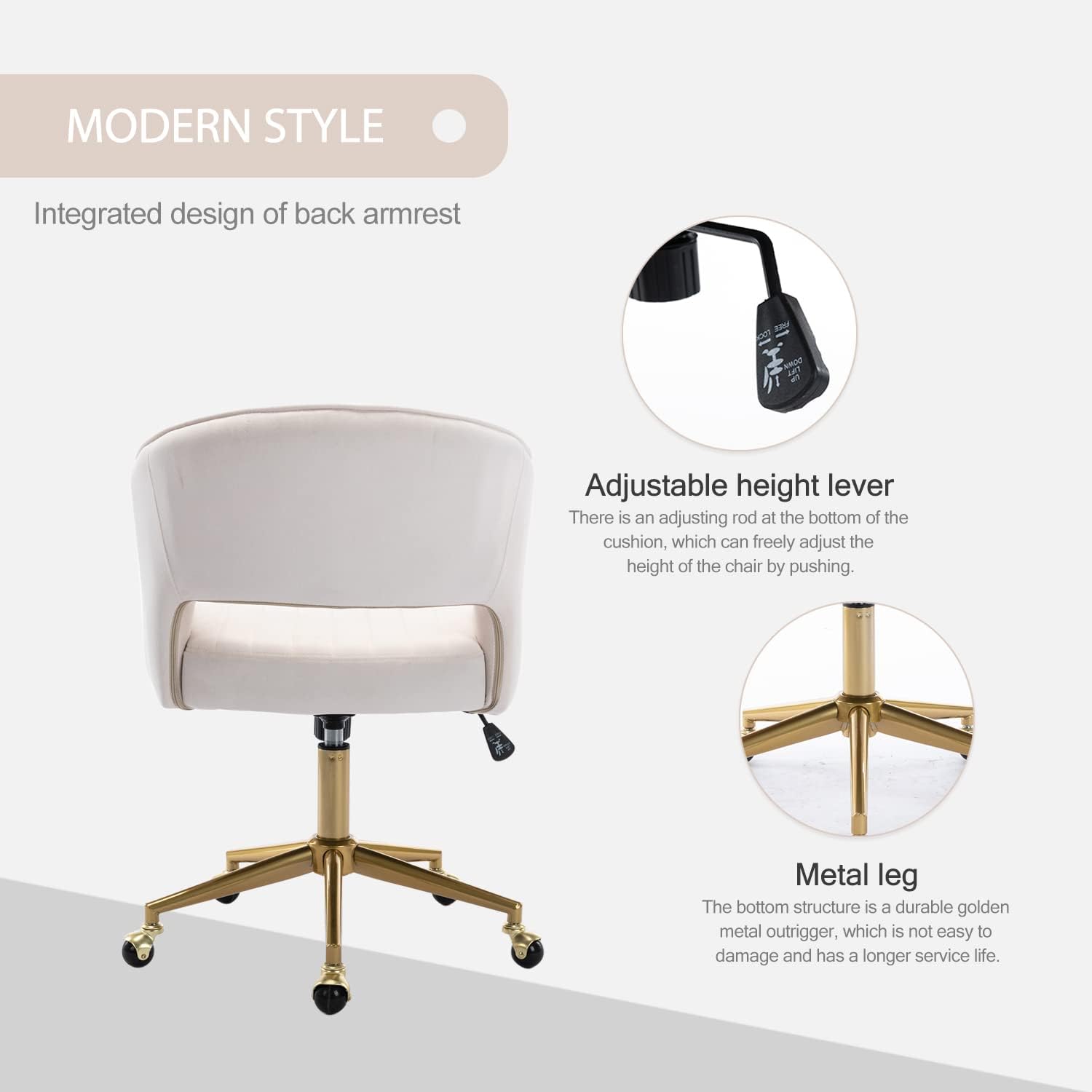 Velvet Office Desk Chair, Upholstered Home Office Desk Chairs With Adjustable Swivel Wheels, Ergonomic Office Chair For Living Room, Bedroom, Office, Vanity Study (Beige)