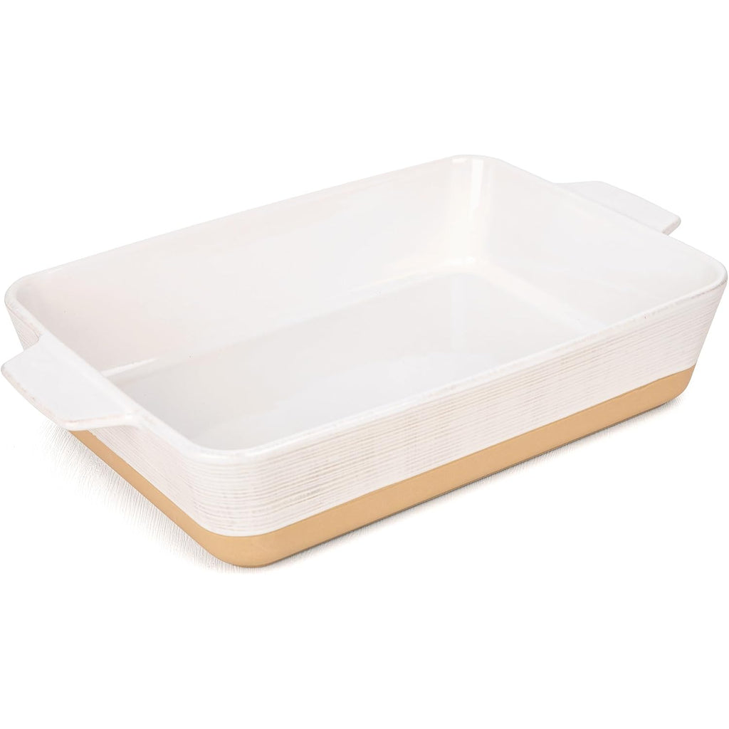 Casserole Dish For Oven, 4.2 Qt Baking Dish, 9X13 Large Porcelain Baking Pan, Durable Rectangular Lasagna Pan Deep With Handles, Microwave Oven Safe, Home Decor, Wedding Gift (Khaki & White)