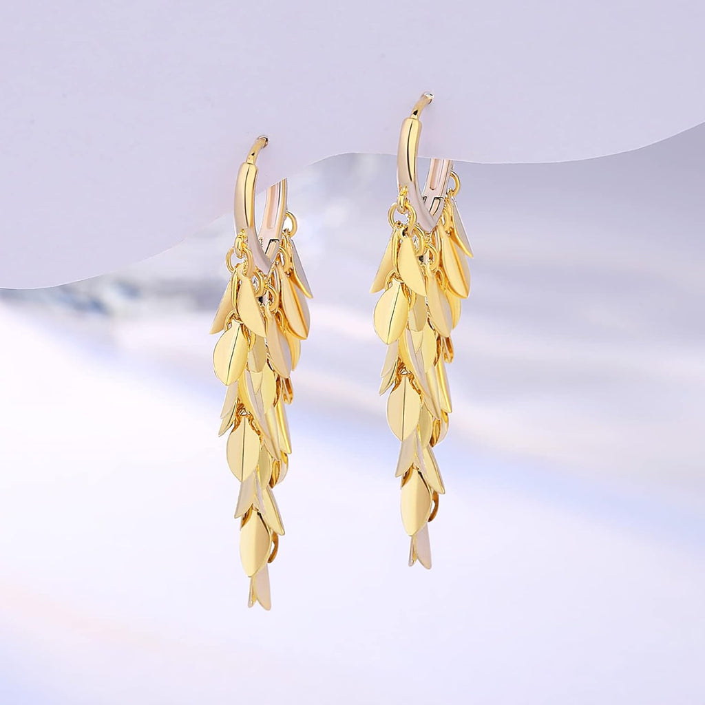 18K Gold Plated Leaf Hoop Earrings for Women, Long Tassel Dangle Drop Earrings, Chunky Gold Chandelier Earrings