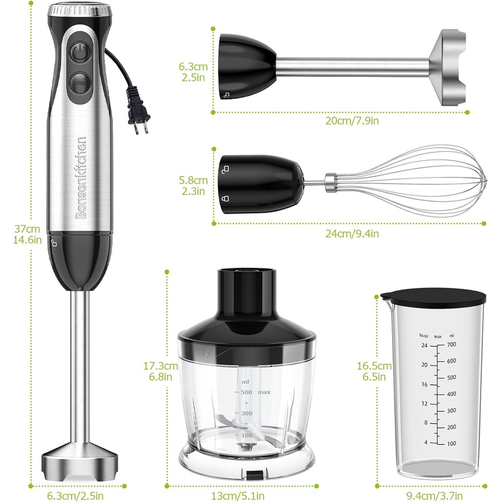 Bonsenkitchen Immersion Blender Handheld with Food Processor, 20 Speeds Hand Blender with Turbo Mode, Stainless Steel Blade, Egg Whisk, Beaker & Chopper Bowl, Hand Mixer for Smoothie, Soup, Baby Food