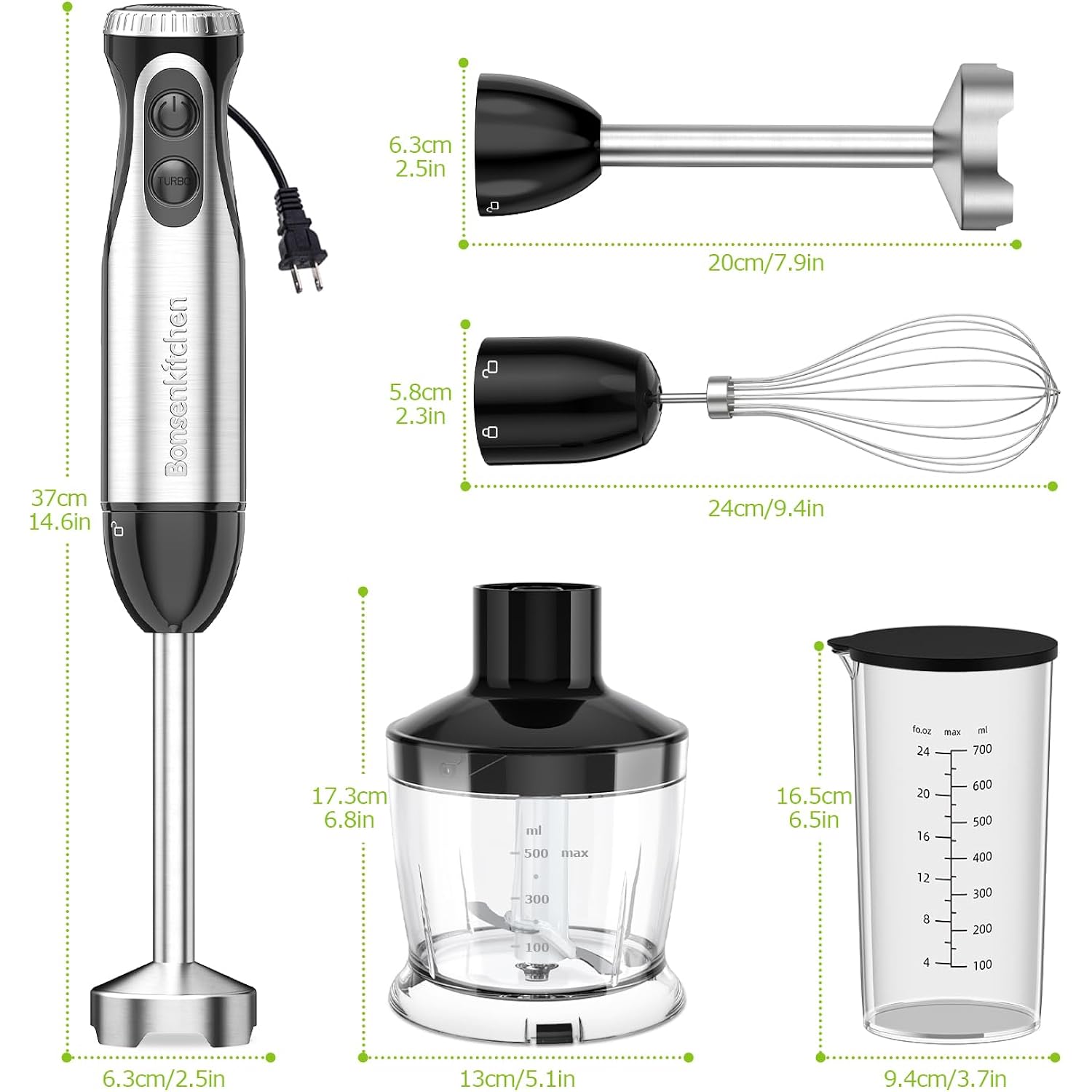 Bonsenkitchen Immersion Blender Handheld with Food Processor, 20 Speeds Hand Blender with Turbo Mode, Stainless Steel Blade, Egg Whisk, Beaker & Chopper Bowl, Hand Mixer for Smoothie, Soup, Baby Food