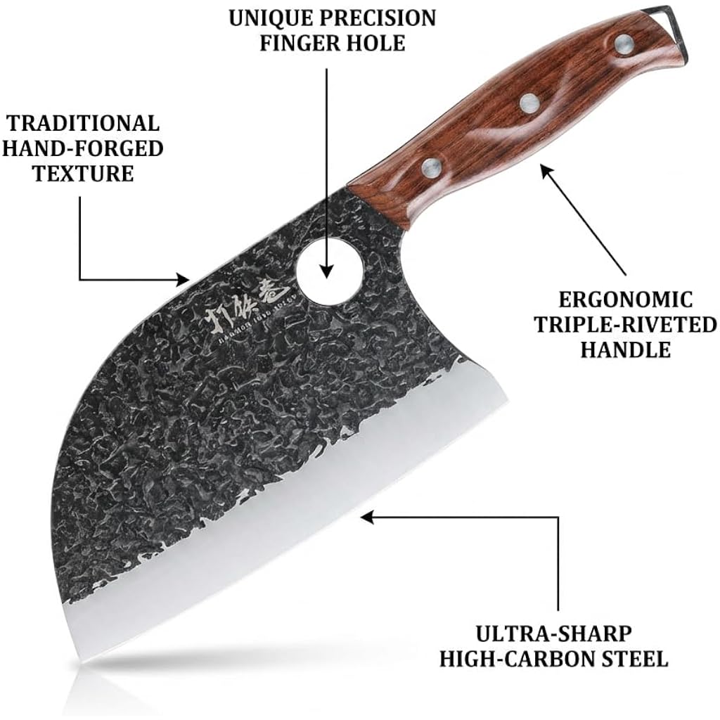 3Pcs Butcher Knife Set, 7" Butcher Meat Cleaver, 7" Serbian Chef Knife And 6.5" Viking Knife, Hand Forged Kitchen Knife Set With Plastic Handle, Geat For Home, Camping, Bbq (Unique Finger Hole Design)