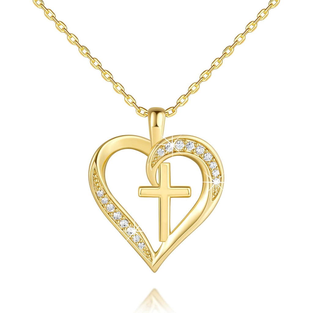 Cross Necklace for Women 14K Gold Cross Necklaces for Women Gold Heart Necklaces for Womens Crosses Chain Pendant Combine Classic Elements of Romantic and Faith Chain Crosses Heart Necklace for Womens 17.7+1.7in