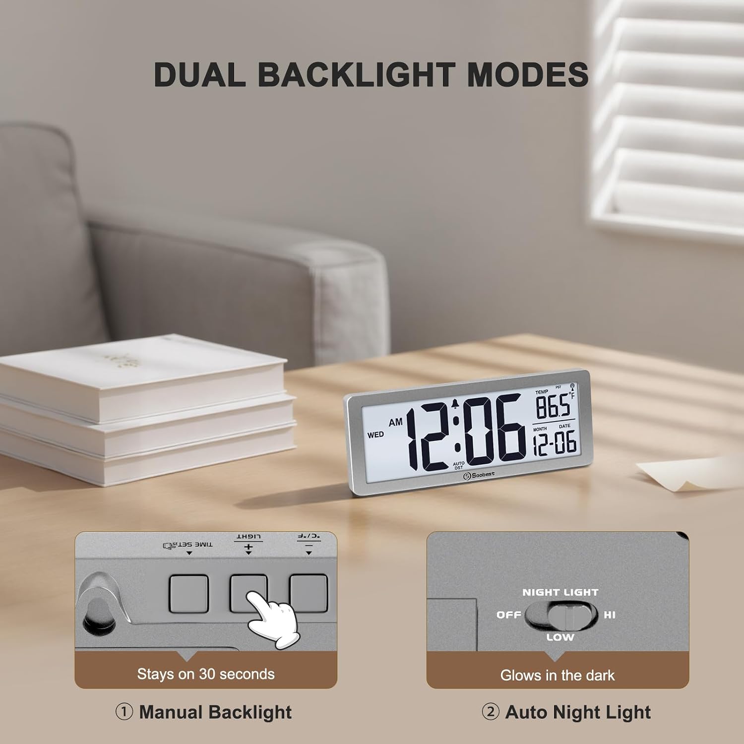 8.5" Atomic Digital Wall Clock, Never Needs Setting, Auto Time Sync, Accurate & Easy To Use Clock With Backlight, Battery Operated, Temperature, Date, Auto Dst, 4 Time Zones(Silver)