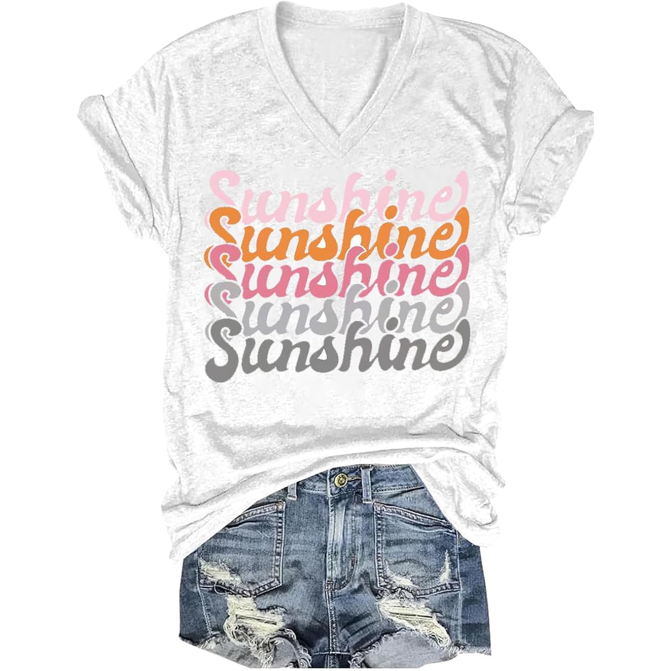 YEXIPO Womens Graphic Tees V-Neck T Shirts Spring Short Sleeve Funny Letter Print Casual Loose Cute Summer Tops White Sunshine