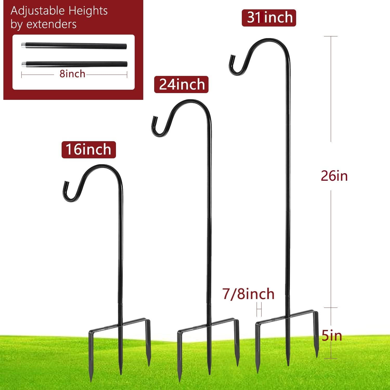 2 Pack Shepherd Hook, Black, 31 Inch, Adjustable Height, 1/2" Thick | Protected By U.S. Patent, Ideal For Hanging Solar Lights, Lanterns,Bird Feeders Flower Baskets & Wind Chimes