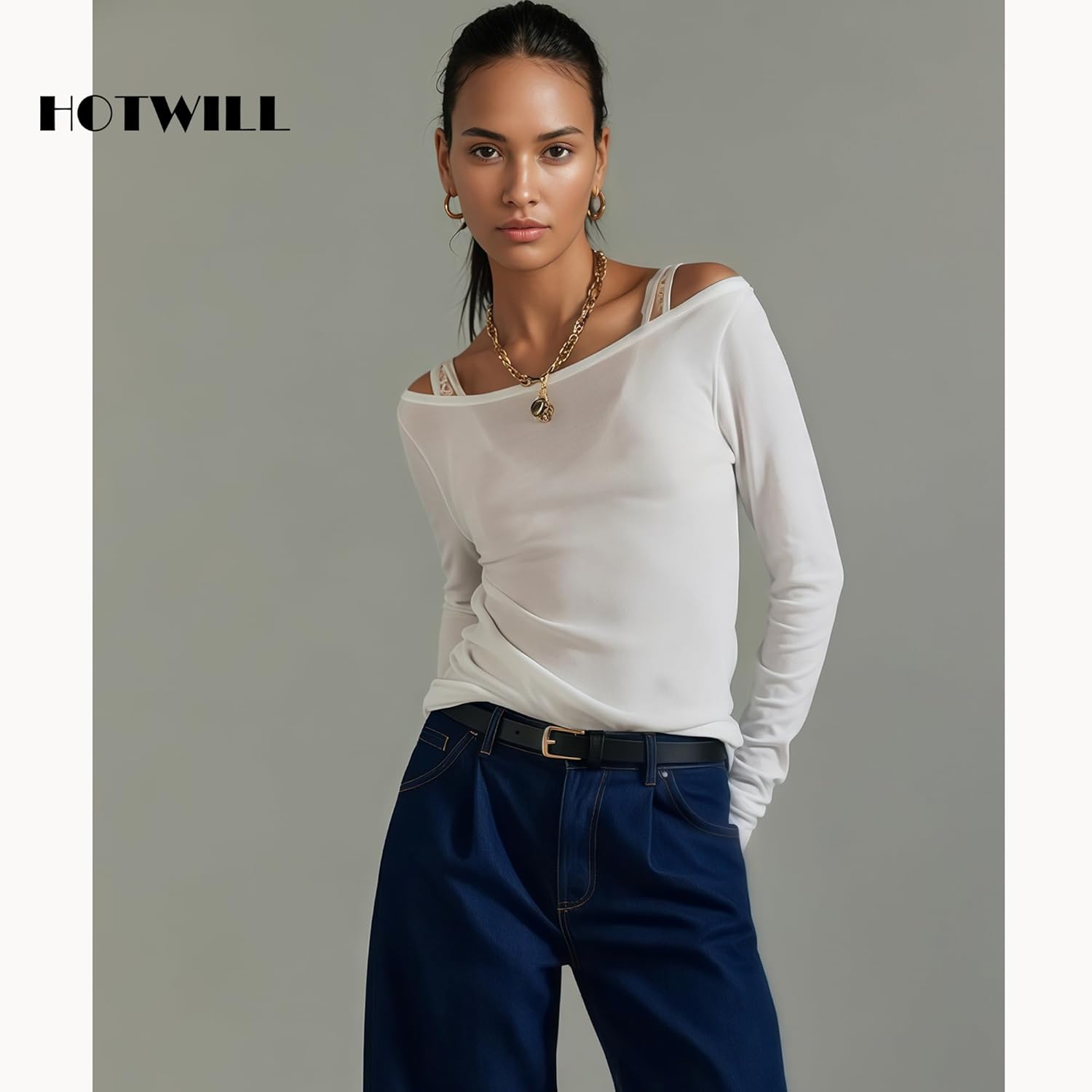 HOTWILL 4 Pack Women Skinny Belts for Jeans Dress Thin Waist Belt for Ladies with Gold Buckle 0.55" Width