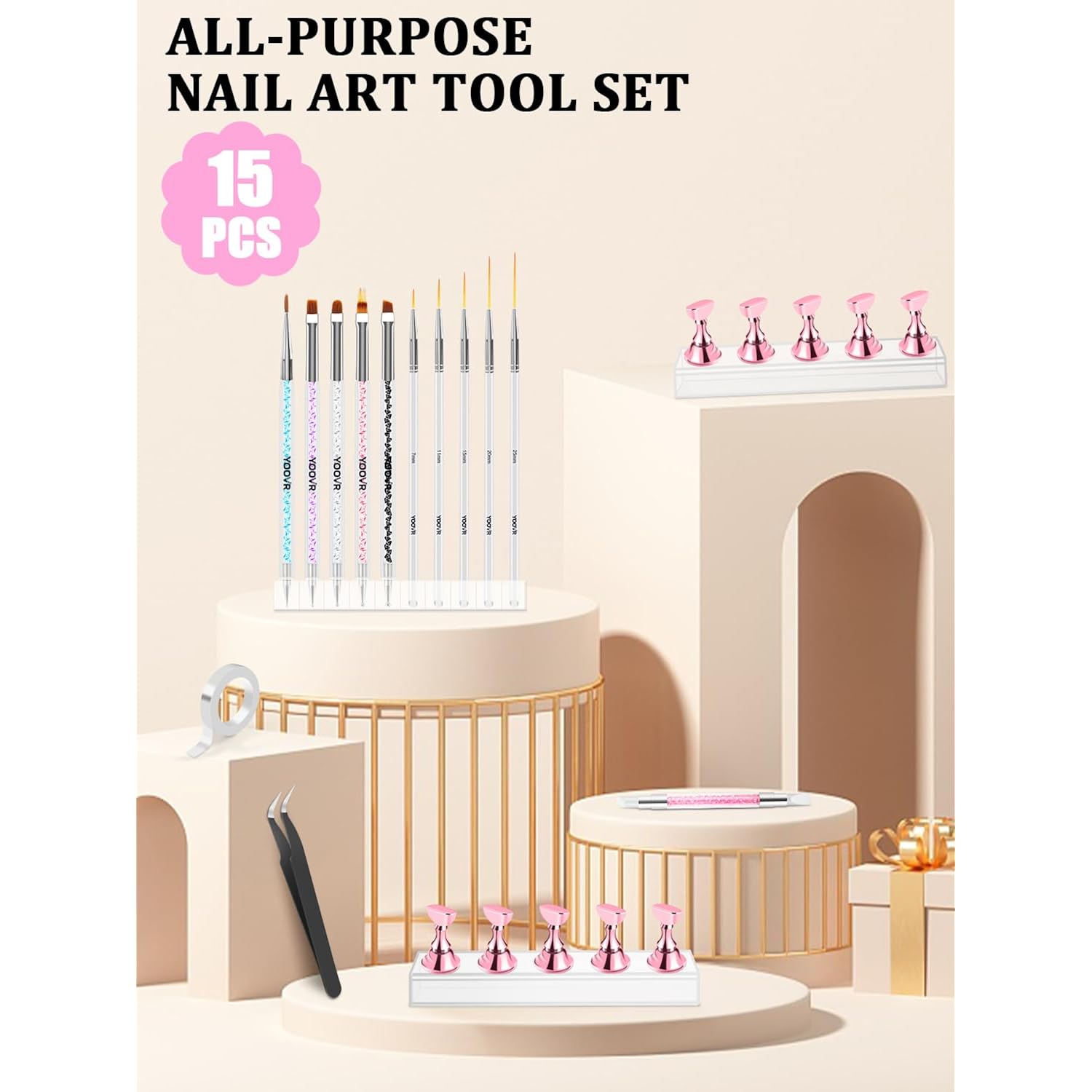 YOOVR Nail Art Tools Set, Nail Stand for Press on Holder for Painting Nails, Nail Art Brushes and Dotting Tools, Nail Design Tools Supplies, Gel Polish and Builder Brush, French Tip Brush, Liner Brush