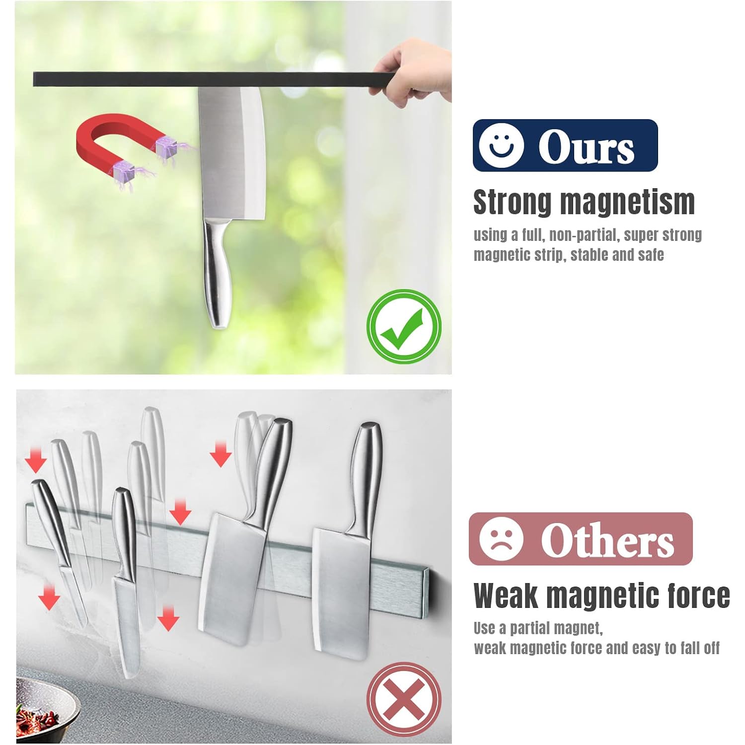 Dmore magnetic knife holder for wall—with 3 hooks, No Drilling 16 Inch black knife magnetic strip, Powerful knife magnet rack, include Adhesive Tape and screws for Knives, Utensils, and Tools