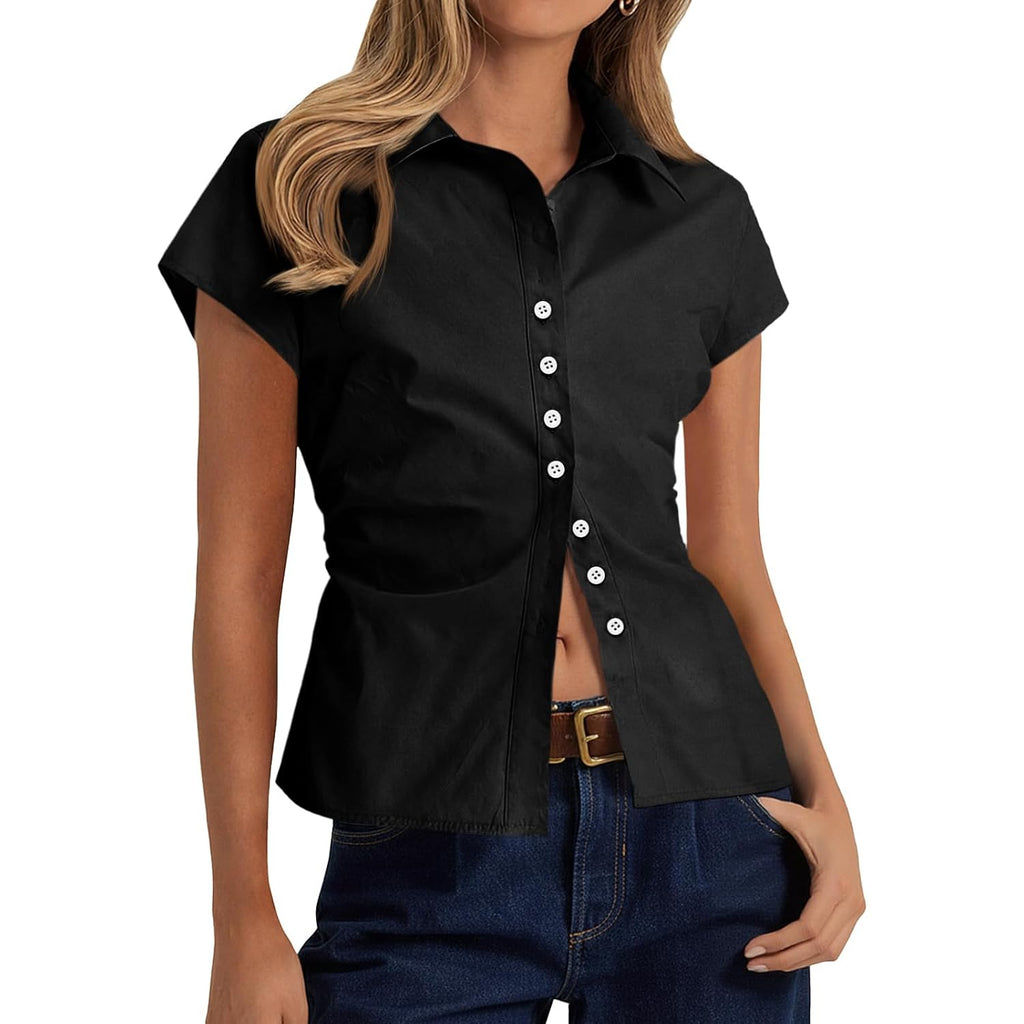 Womens Summer Button Down Shirts Short Sleeve Slim Fit Petite Ruched Cotton Blouses Cute Going Out Tops