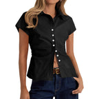 Womens Summer Button Down Shirts Short Sleeve Slim Fit Petite Ruched Cotton Blouses Cute Going Out Tops