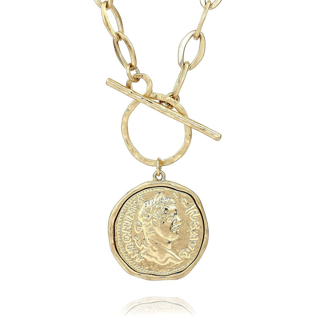 POMINA Chunky Thick Coin Necklace Trendy Fashion Statement Toggle Necklace Worn Gold Tone Pendant Thick Link Chain Layered Pearl Necklace for Women Jewelry