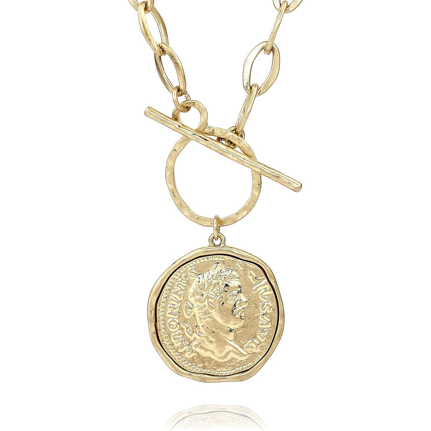 POMINA Chunky Thick Coin Necklace Trendy Fashion Statement Toggle Necklace Worn Gold Tone Pendant Thick Link Chain Layered Pearl Necklace for Women Jewelry