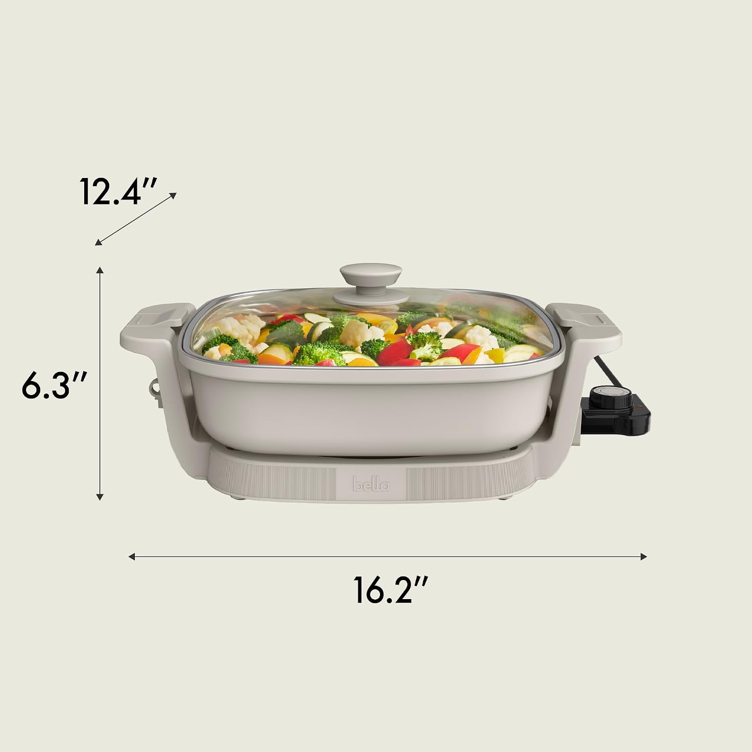 Bella Make & Take Electric Skillet, Fits-Anywhere™ Kitchenware, Evergood™ Ceramic Coating, Adjustable Temperature & Dishwasher-Safe Tempered Glass Lid, Cast Aluminum Base, 1200 Watt, Oatmilk