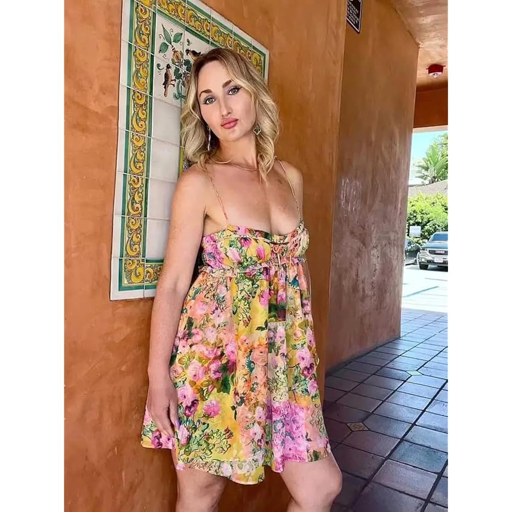 Summer Floral Boho Dresses For Women Spaghetti Straps Beach Dress Ruffle Sexy Mini Dress