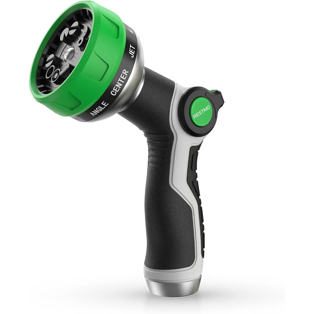 Restmo 10-In-1 Water Hose Nozzle, Garden Hose Sprayer With 10 Adjustable Spray Patterns, Easy Thumb Control For Flow Adjustment, Ideal For Watering Plants & Lawns, Washing Cars & Pets, Green