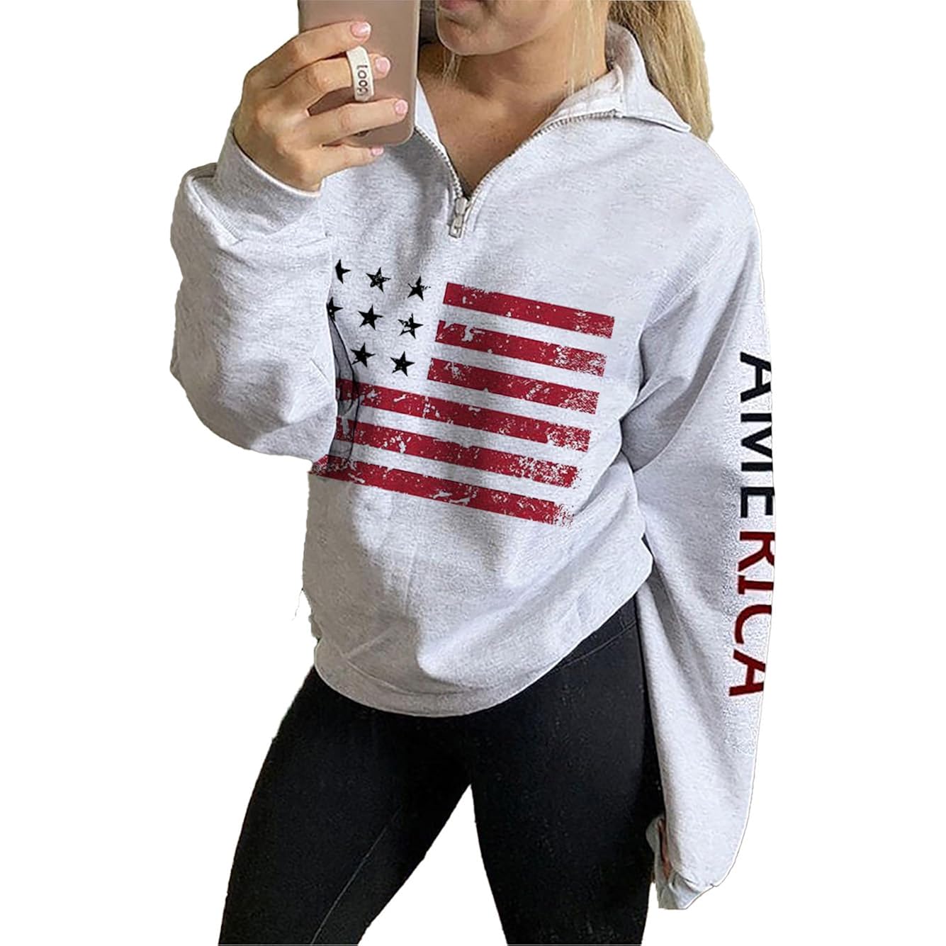Womens Patriotic 1/4 Zip Pullover Hoodie Loose Casual Quarter Zipper Sweatshirt With American Flag Print