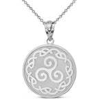 Solid 10k White Gold Triskele Triskelion Triple Spiral Celtic Knot Disc Pendant Necklace