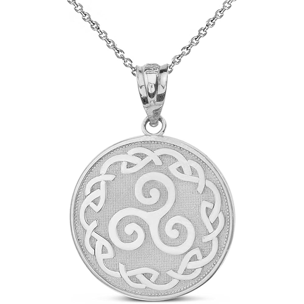 Solid 10k White Gold Triskele Triskelion Triple Spiral Celtic Knot Disc Pendant Necklace