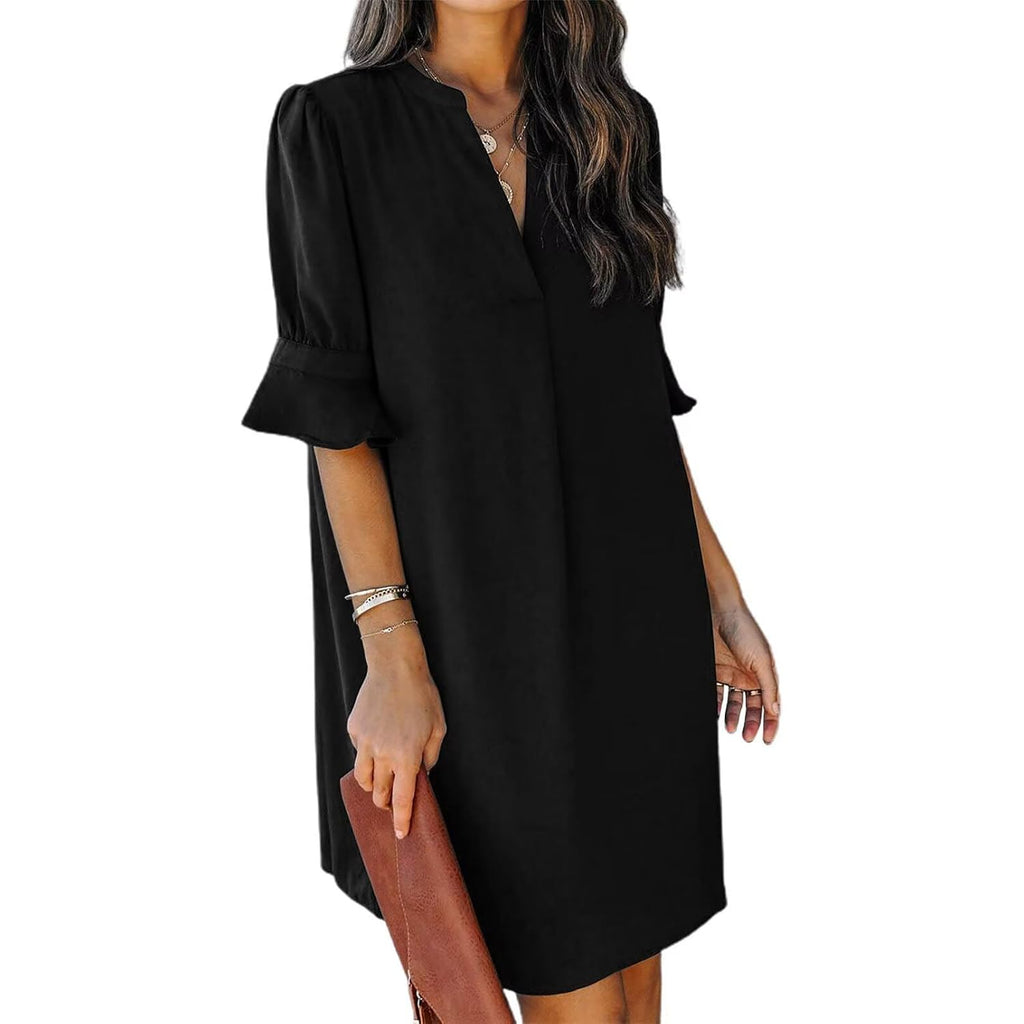 Qacohu Summer Dresses For Women V Neck Ruffle Short Sleeve Casual Shift Dress
