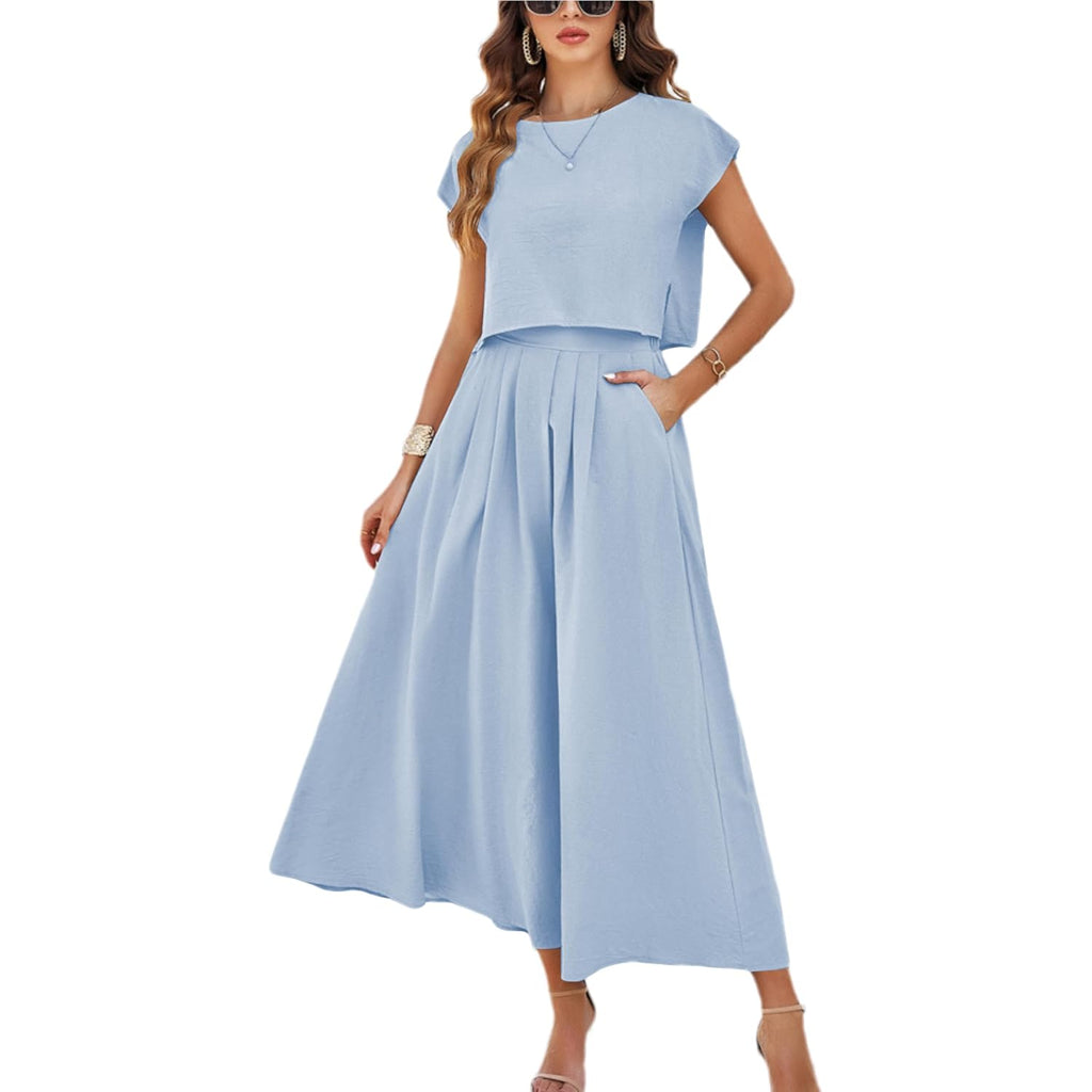 Hangnifang Summer Skirt Sets Women 2 Piece Outfits Cap Sleeve Top Elastic Waist Maxi Dress Sets With Pockets