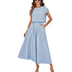 Hangnifang Summer Skirt Sets Women 2 Piece Outfits Cap Sleeve Top Elastic Waist Maxi Dress Sets With Pockets