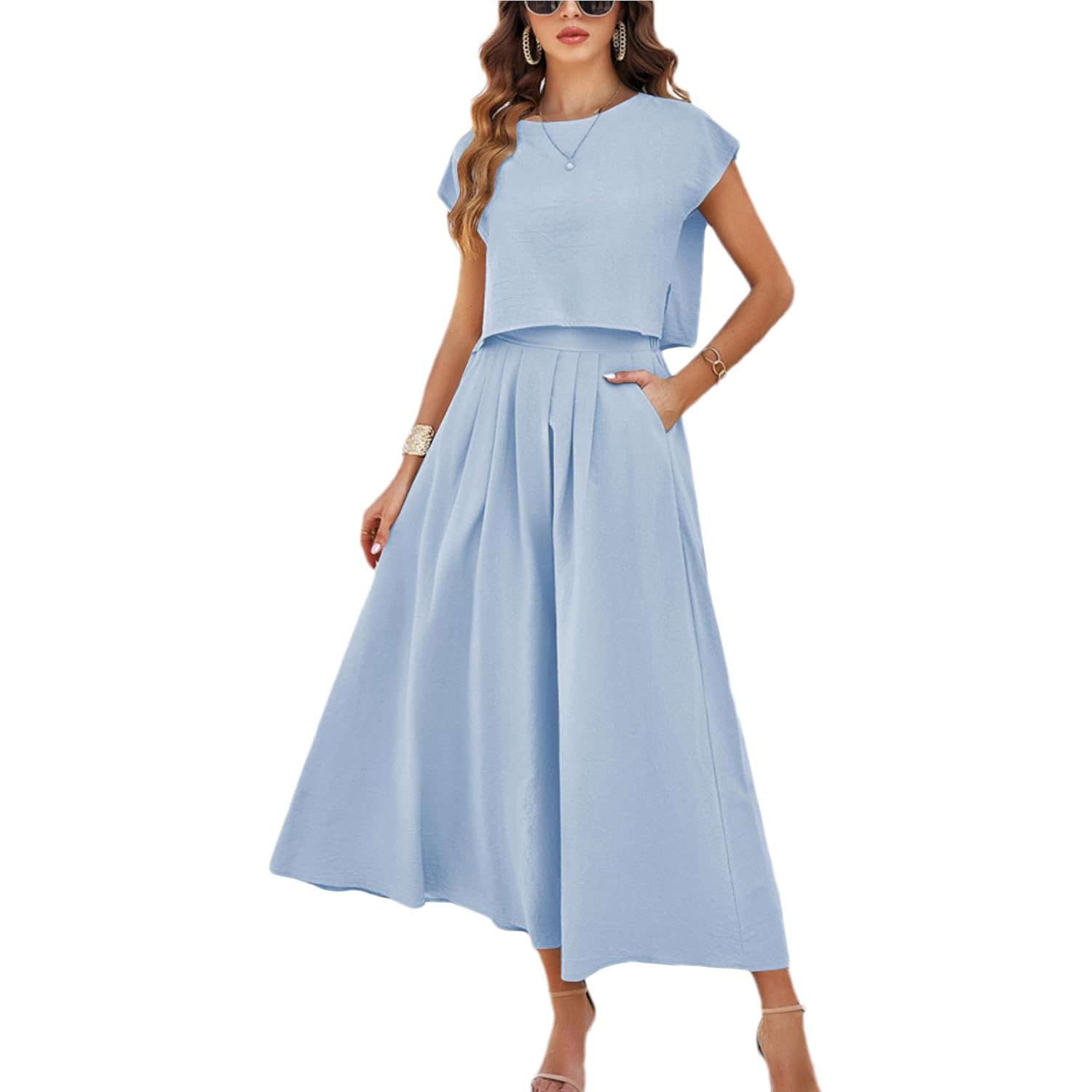 Hangnifang Summer Skirt Sets Women 2 Piece Outfits Cap Sleeve Top Elastic Waist Maxi Dress Sets With Pockets