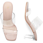 Mysoft Clear Heels For Women Transparent Two Strap Block Chunky Square Heel Sandals Open Toe Slip On Sandals