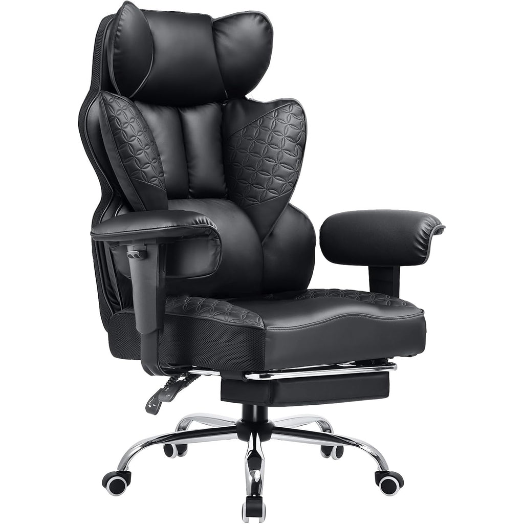 Comhoma Big And Tall Office Chair Heavy Duty Wide Ergonomic Gaming Chair With Deluxe Embossing Designed Leather With Foot Rest,150°Reclining Adjustable Armrests Pocket Spring Back Support And Pillow