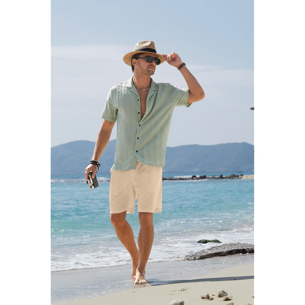Jemldl Men'S Shorts Casual 7" Cotton Linen Button Elastic Waist Summer Beach Golf Shorts With Multi-Pocket