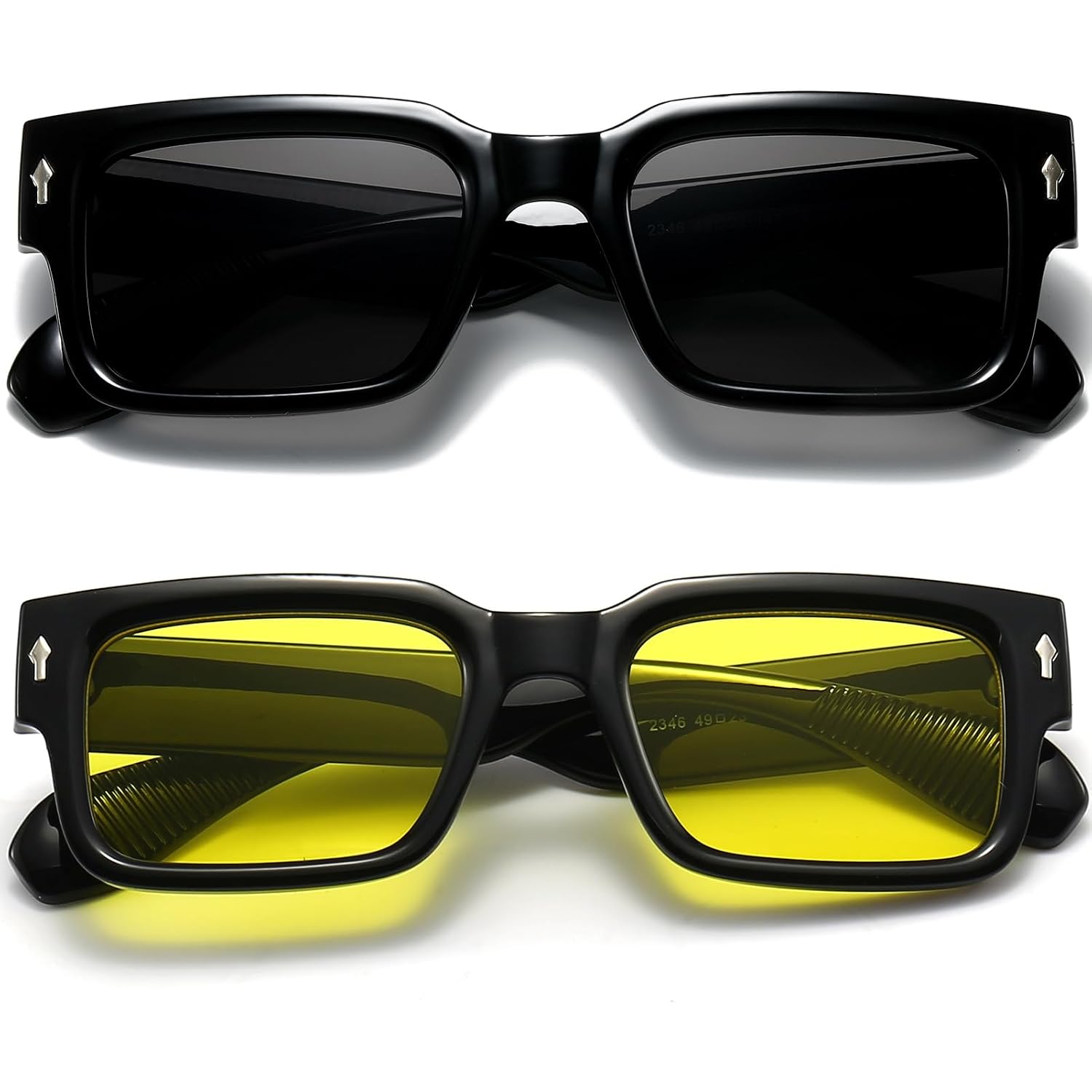 EYLRIM Square Frame Sunglasses for Women Men Trendy Chunky Rectangle Sun Glasses Black Shades UV400 Protection 2 Pack (Black/Grey+black/Yellow)