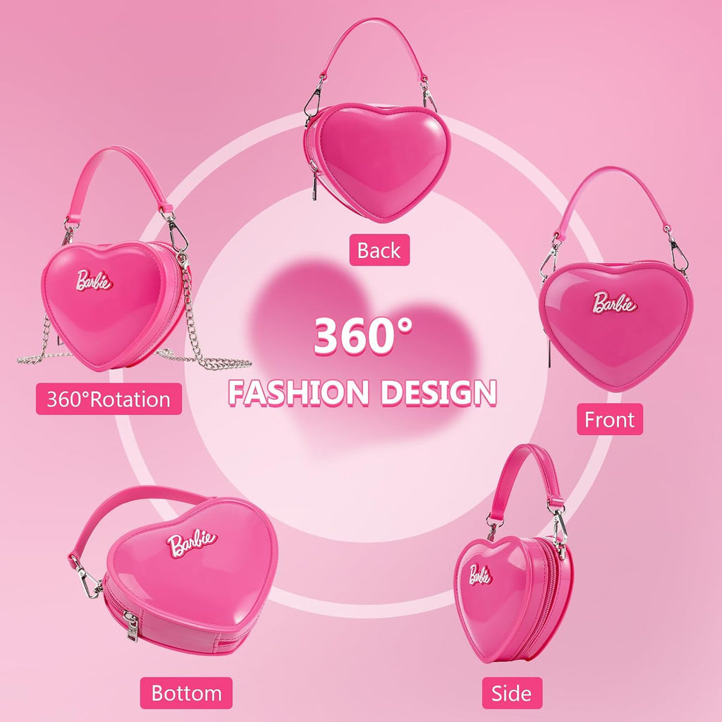 Miniso Barbie Heart Purse Rose Red Crossbody Bag Handbag, Gifts For Girls And Women, Sweet Style Cute Heart-Shaped Design Fashion Tote Bag, Pvc Material Waterproof