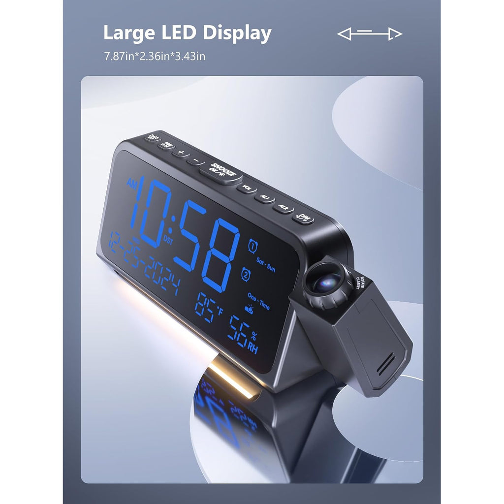 Projection Clock For Bedroom Ceiling, Alarm Clock For Heavy Sleepers | 350° Rotatable Projector, Dual Alarms, 5 Brightness, Weekday/Weekend Mode, Temp & Humidity, Snooze, Usb Charger