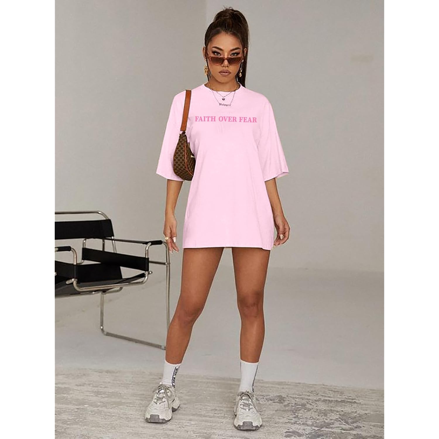 BANGELY Faith Over Fear Shirt Women Graphic Shirts Oversized Workout Gym Christian Religious Tees Drop Shoulder Tee Tops B-pink