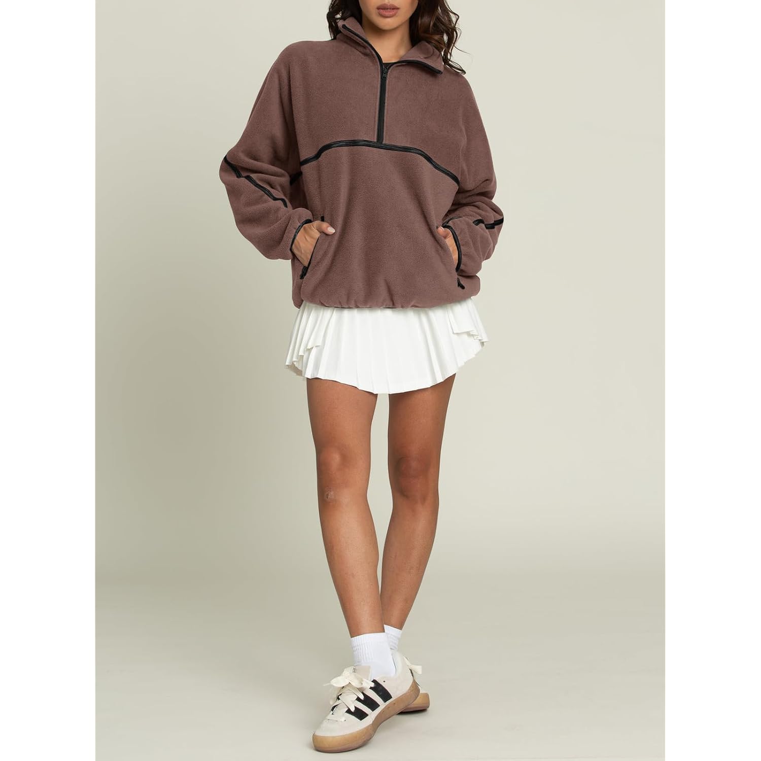 Laslulu Womens Half Zip Pullover Sweatshirt Sherpa Fleece Jacket Oversized Sweatshirts Warm Fuzzy Sweaters Pockets