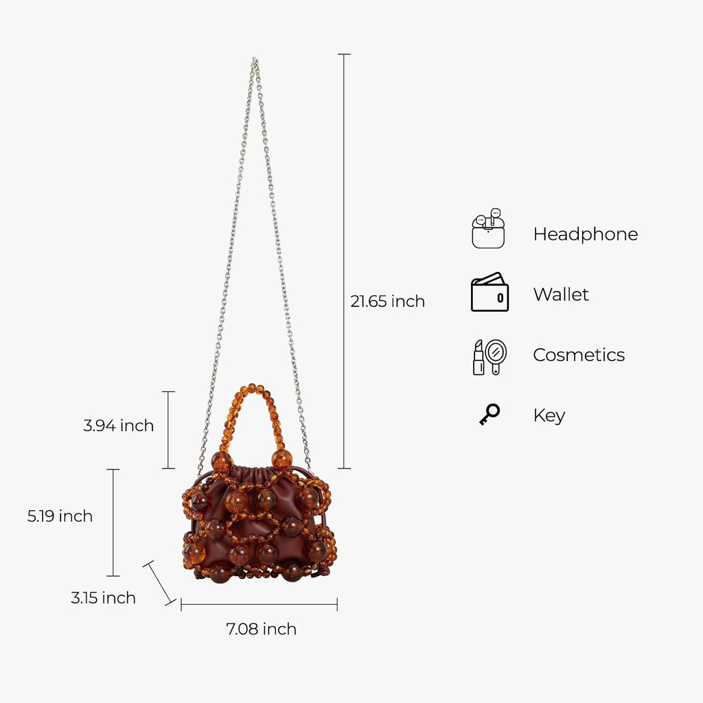Women'S Brown Leather Shoulder Bag With Amber Bead Decoration, Bohemian Women'S Crossbody Bag, Cute Little Handbag
